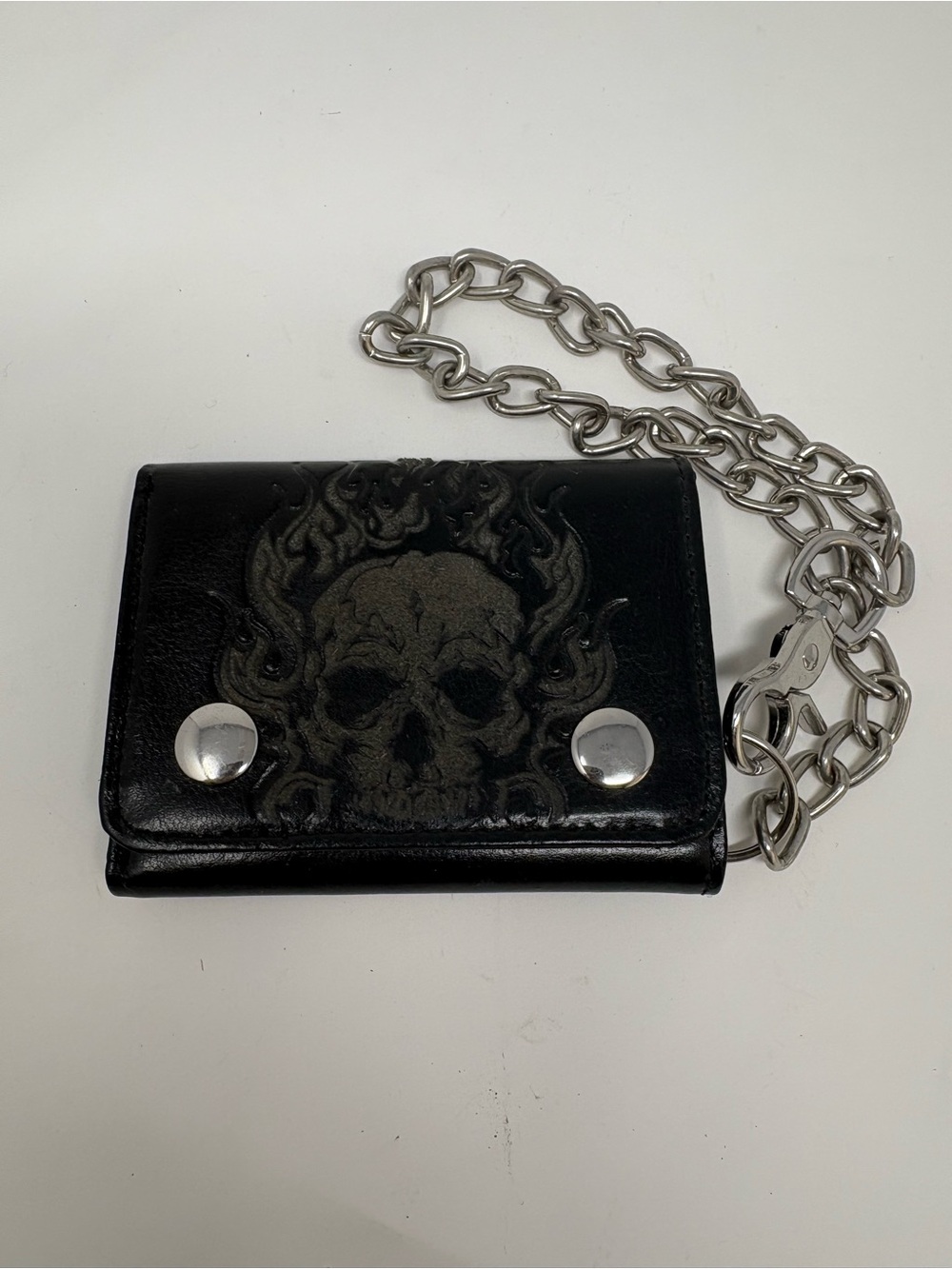 Men's Trifold Biker Chain Skull Wallet Black Genuine Leather